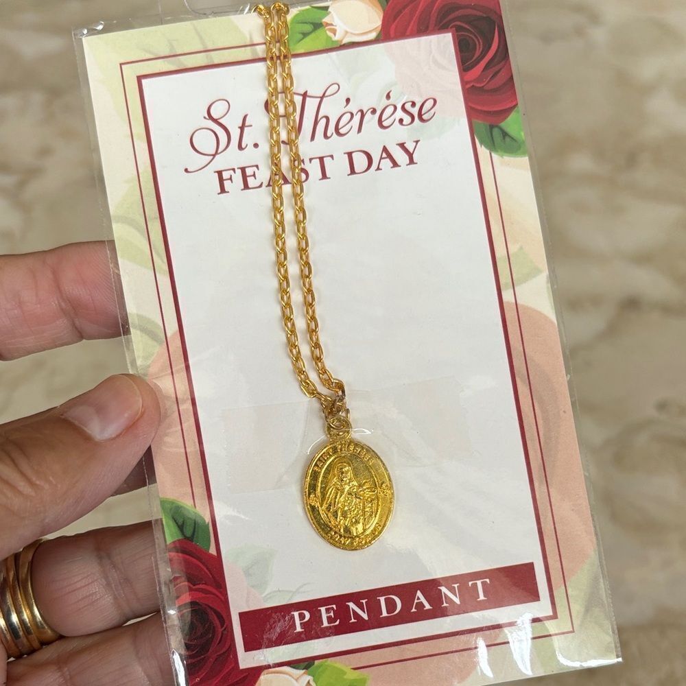 NEW! St. Therese of Lisieux Feast Day Gold Tone Oval Pendant Necklace